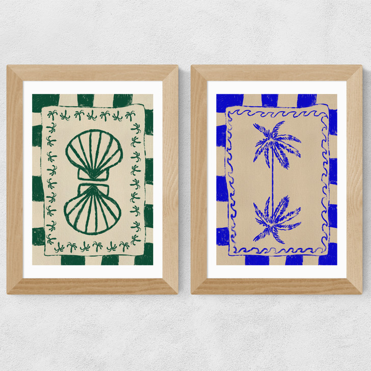 Coastal Charm And Seashell Diptych Wide Oak Frame