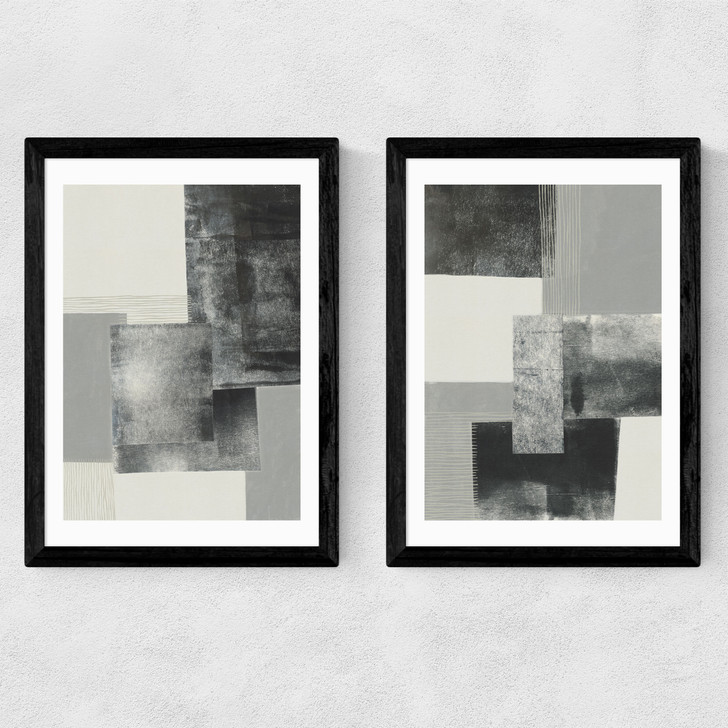 Monochrome Blocks Diptych Medium Black Frame