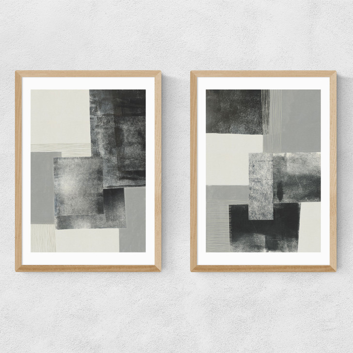 Monochrome Blocks Diptych Narrow Oak Frame