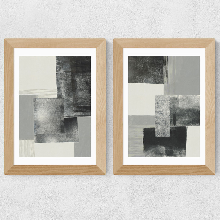Monochrome Blocks Diptych Wide Oak Frame