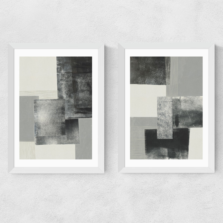 Monochrome Blocks Diptych Medium White Frame