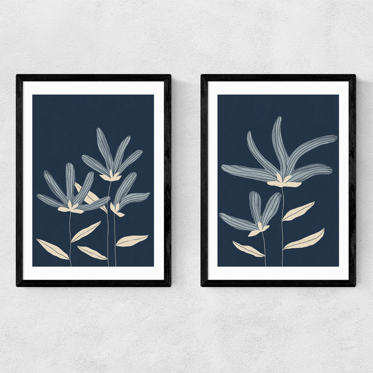 Navy Flowers Diptych Narrow Black Frame