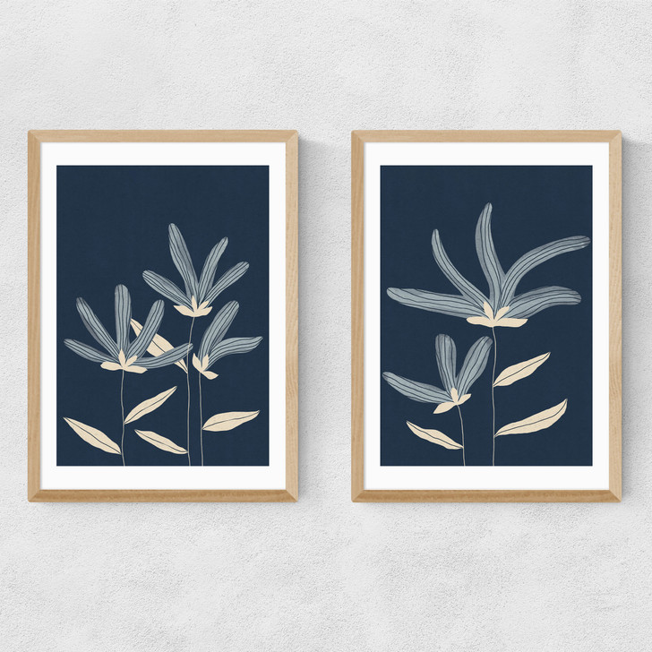 Navy Flowers Diptych Narrow Oak Frame