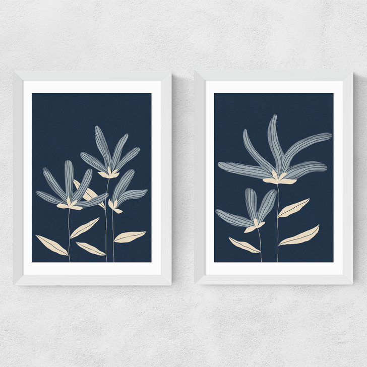 Navy Flowers Diptych Medium White Frame