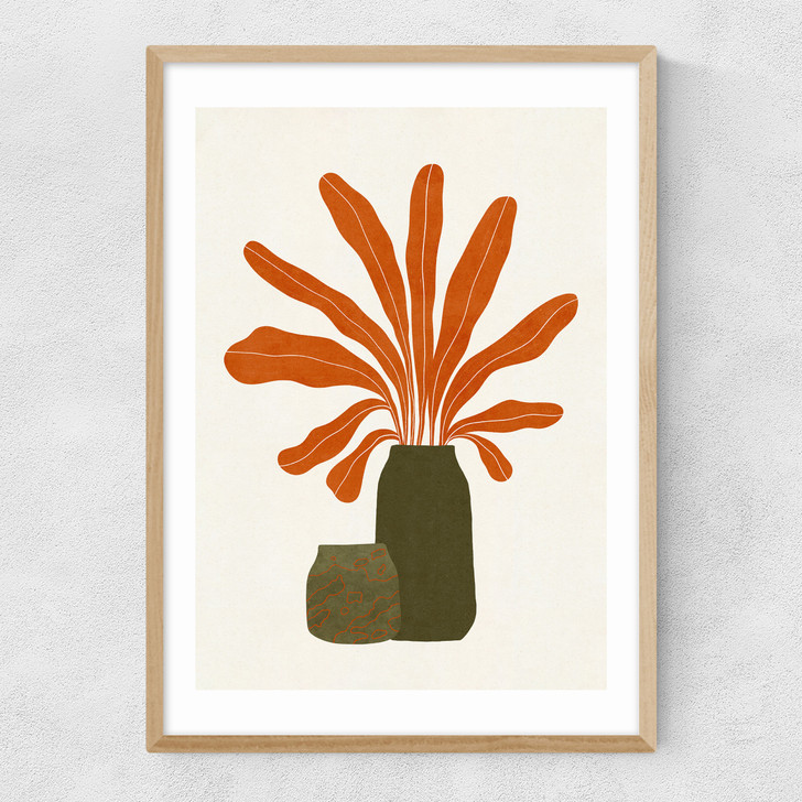 Two Green Vases & Orange Plant Narrow Oak Frame