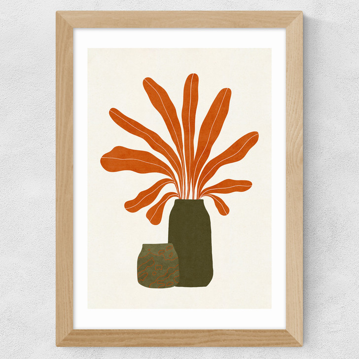 Two Green Vases & Orange Plant Wide Oak Frame