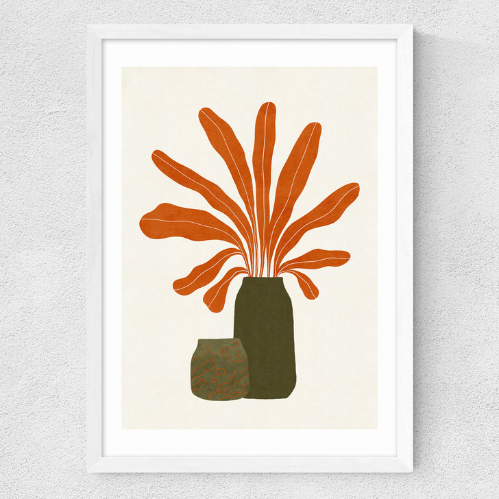 Two Green Vases & Orange Plant Medium White Frame