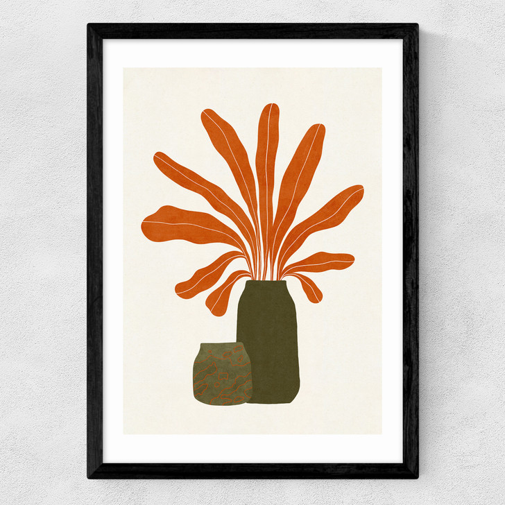 Two Green Vases & Orange Plant