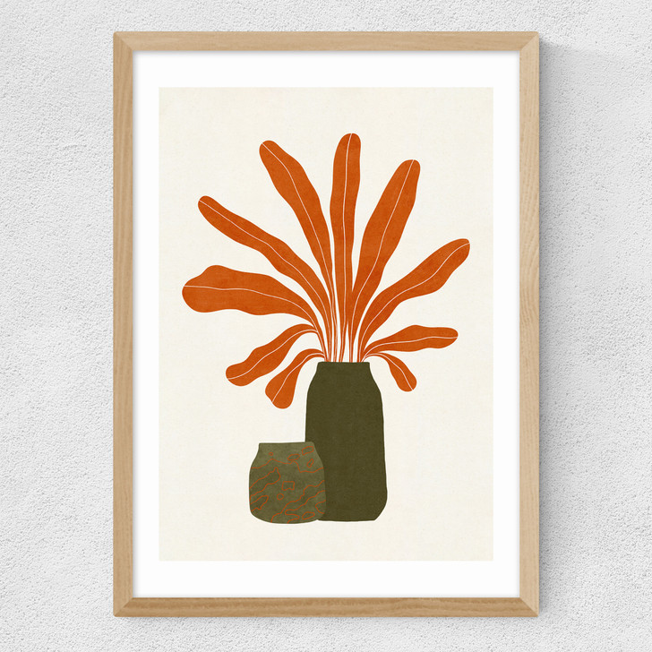 Two Green Vases & Orange Plant Medium Oak Frame