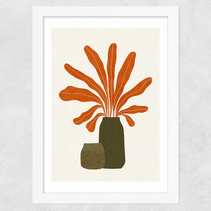 Two Green Vases & Orange Plant Wide White Frame