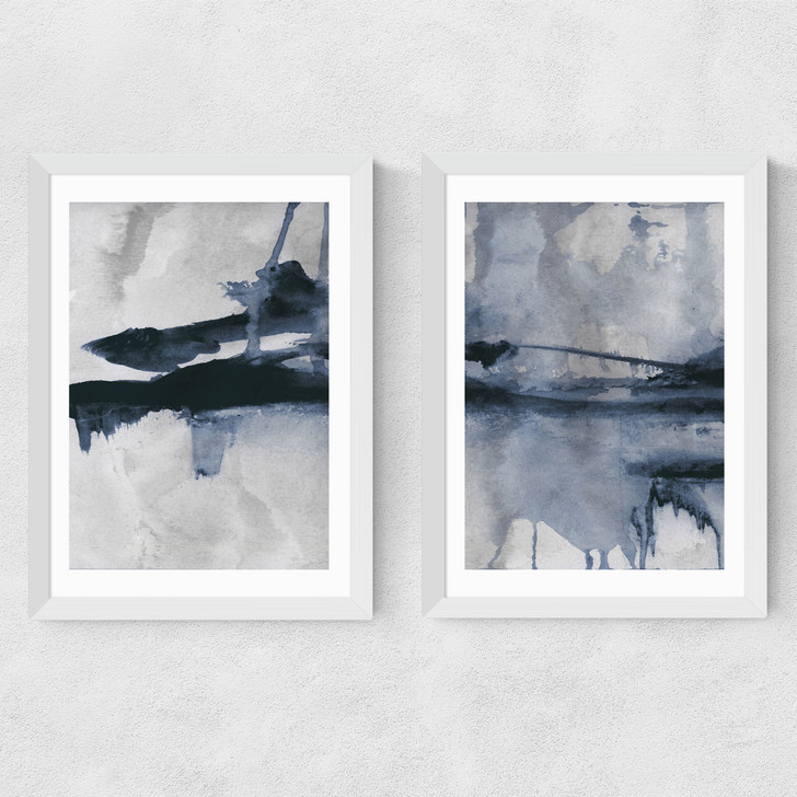 blue diptych art prints set by dan hobday in white frame
