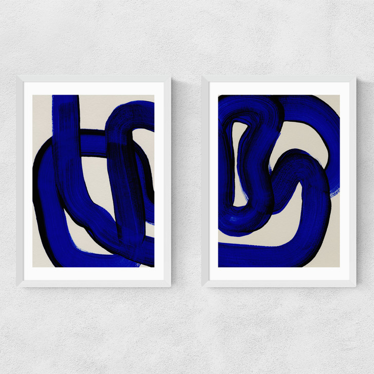 Blue Loops Diptych Narrow White Frame