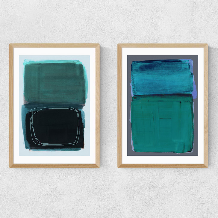 Teal Shapes Diptych Narrow Oak Frame