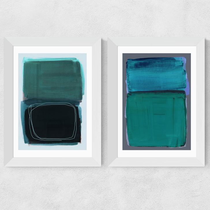 Teal Shapes Diptych Wide White Frame