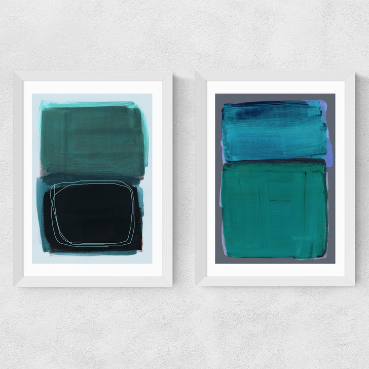 Teal Shapes Diptych Medium White Frame