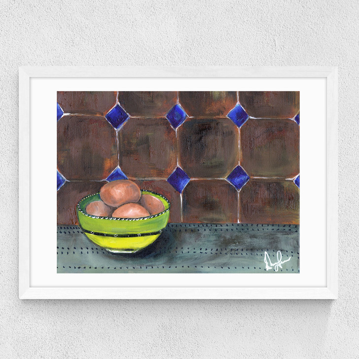 a good egg art print by emma gurner in white frame