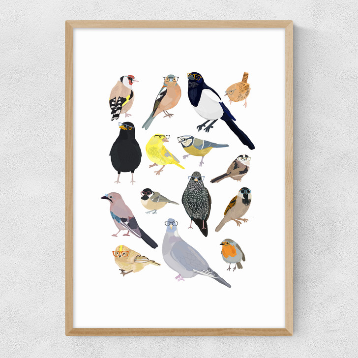 Birds In Glasses Narrow Oak Frame