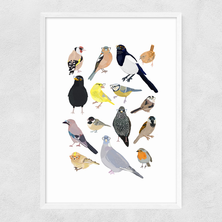 Birds In Glasses Narrow White Frame