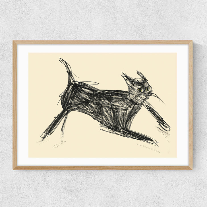 Black Cat In Motion Narrow Oak Frame