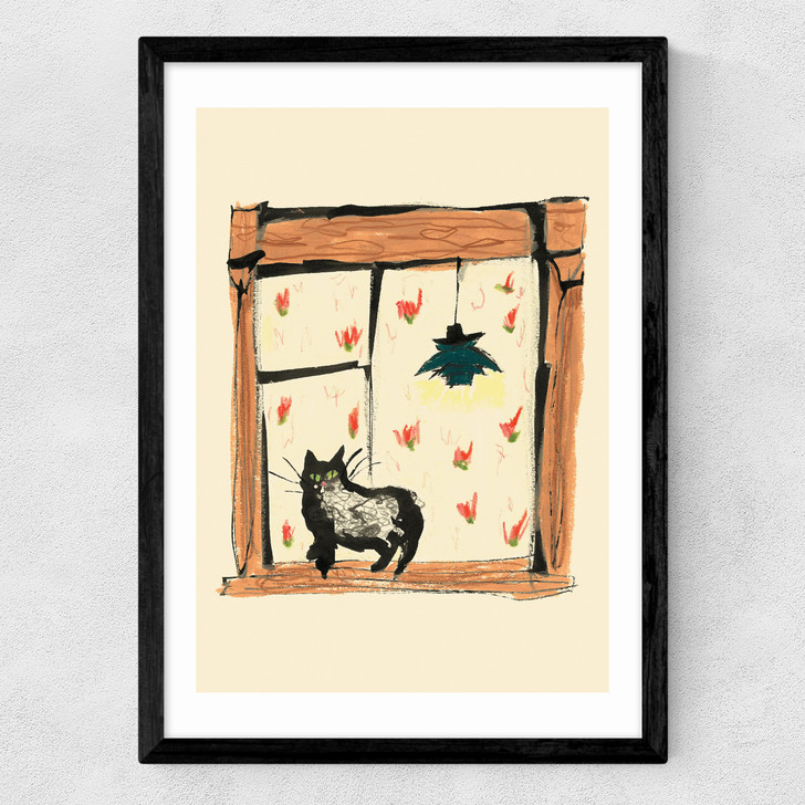 Black Cat On Windowsill Medium Black Frame