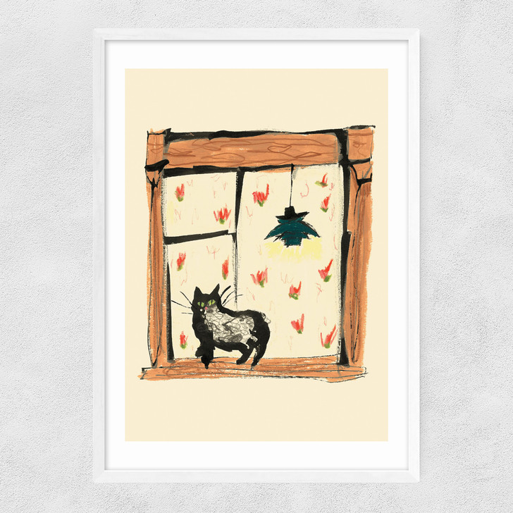 Black Cat On Windowsill Narrow White Frame