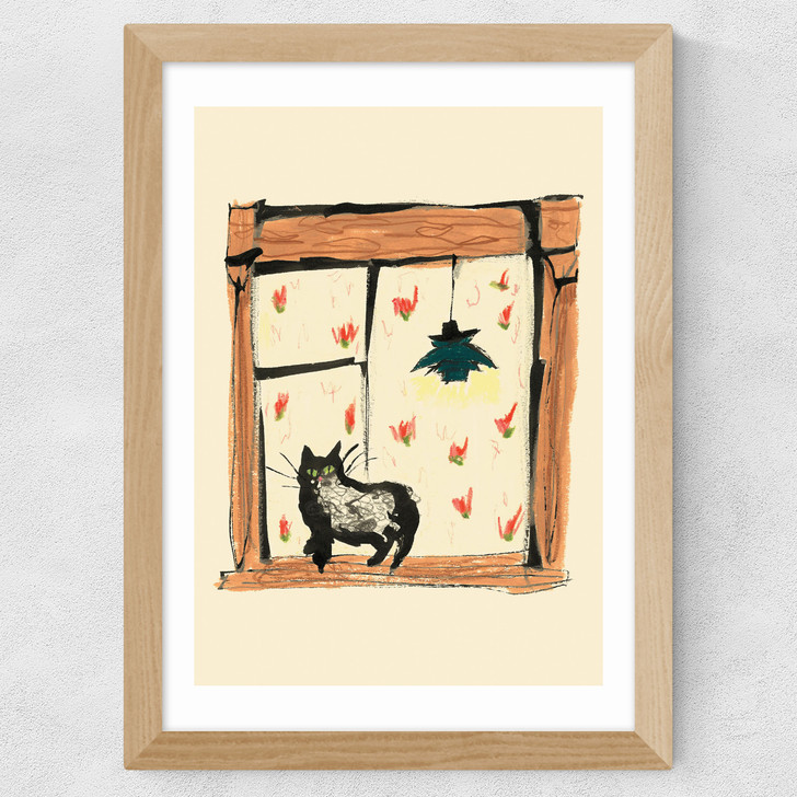 Black Cat On Windowsill Wide Oak Frame