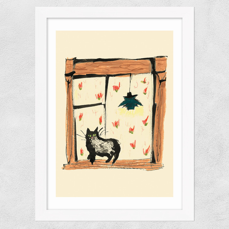 Black Cat On Windowsill Wide White Frame