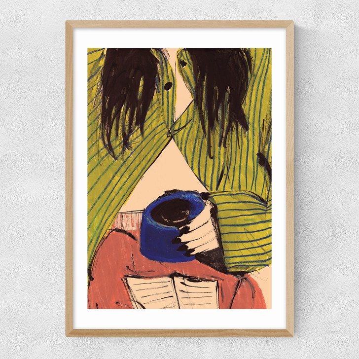 Morning Coffee and a Book Narrow Oak Frame