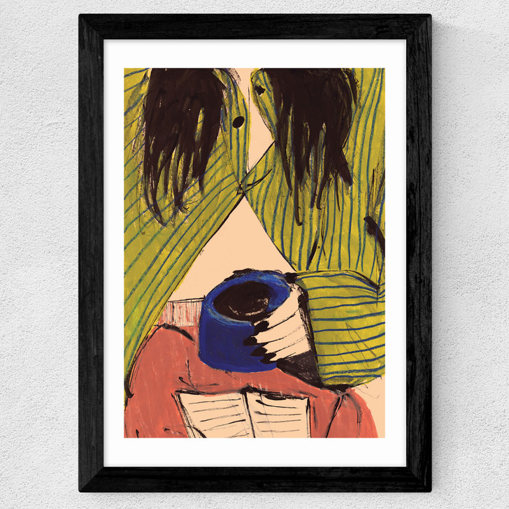 Morning Coffee and a Book Wide Black Frame