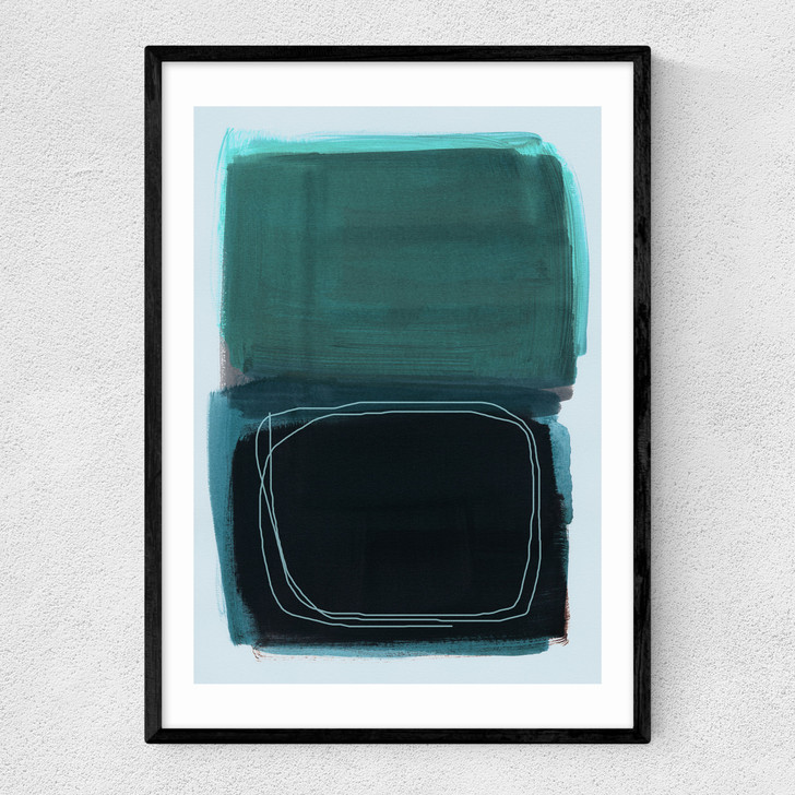 Teal Shapes I Narrow Black Frame