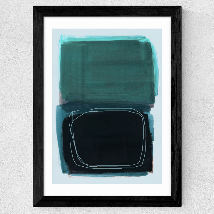Teal Shapes I Wide Black Frame