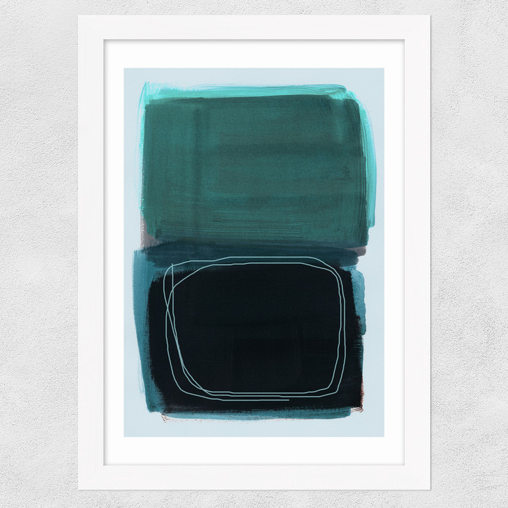 Teal Shapes I Wide White Frame