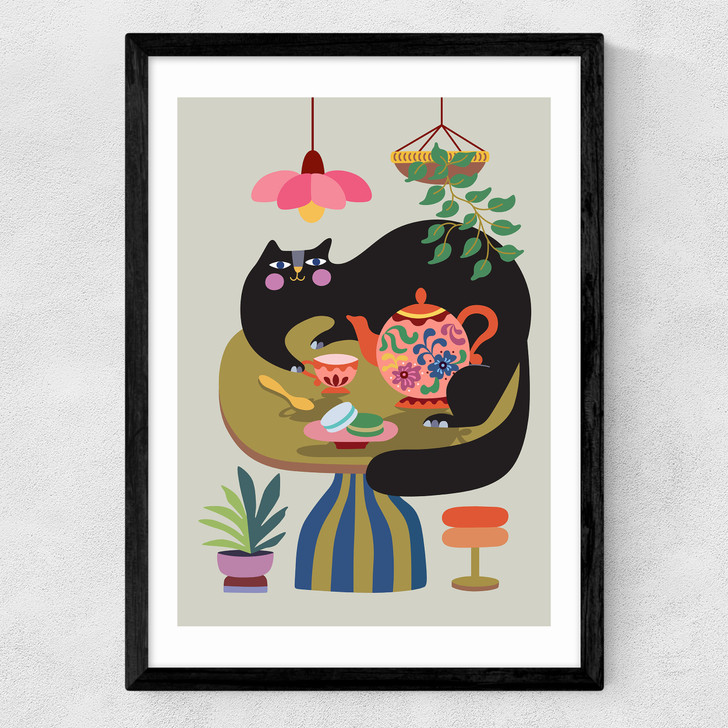 Cat Tea Party Medium Black Frame