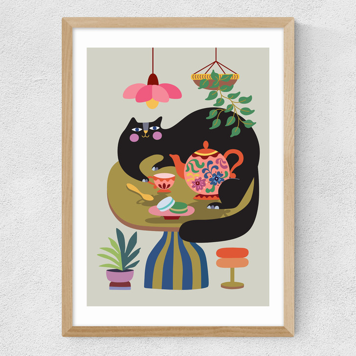 Cat Tea Party Medium Oak Frame