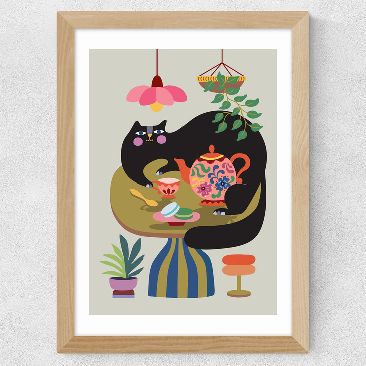 Cat Tea Party Wide Oak Frame