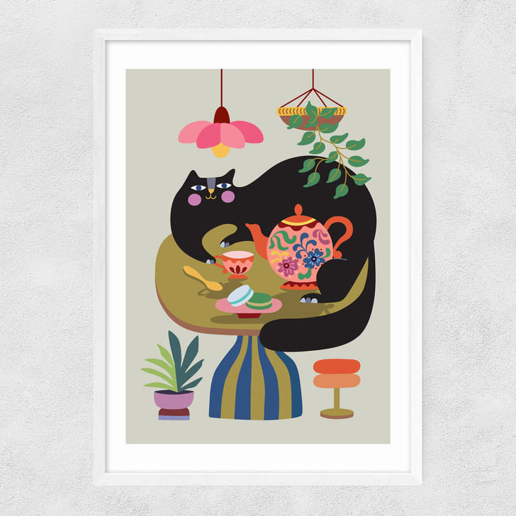 Cat Tea Party Narrow White Frame