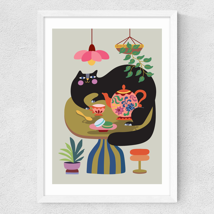 Cat Tea Party Medium White Frame