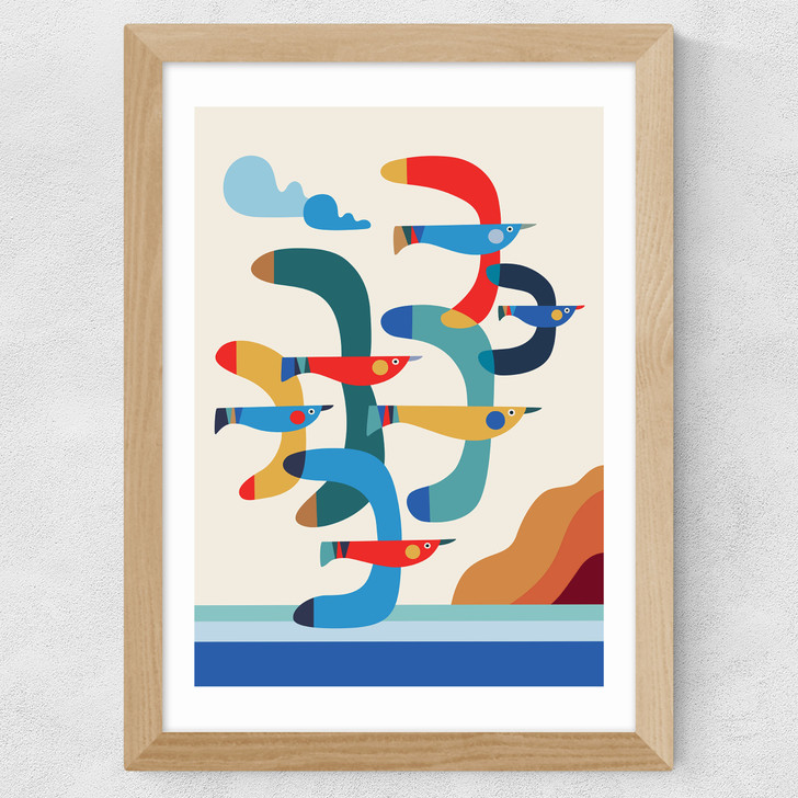 Mid-Century Seagulls Wide Oak Frame
