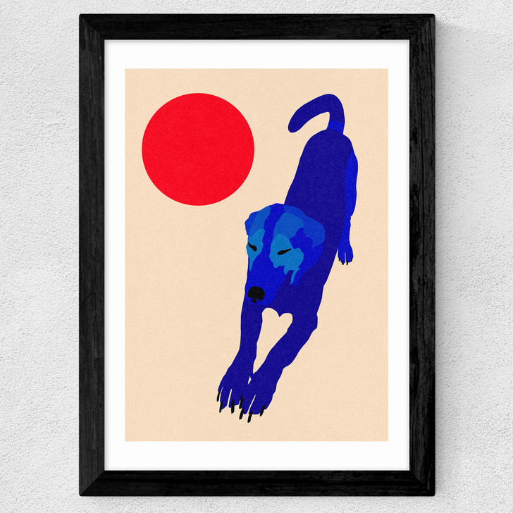 Blue Dog Red Moon Wide Black Frame