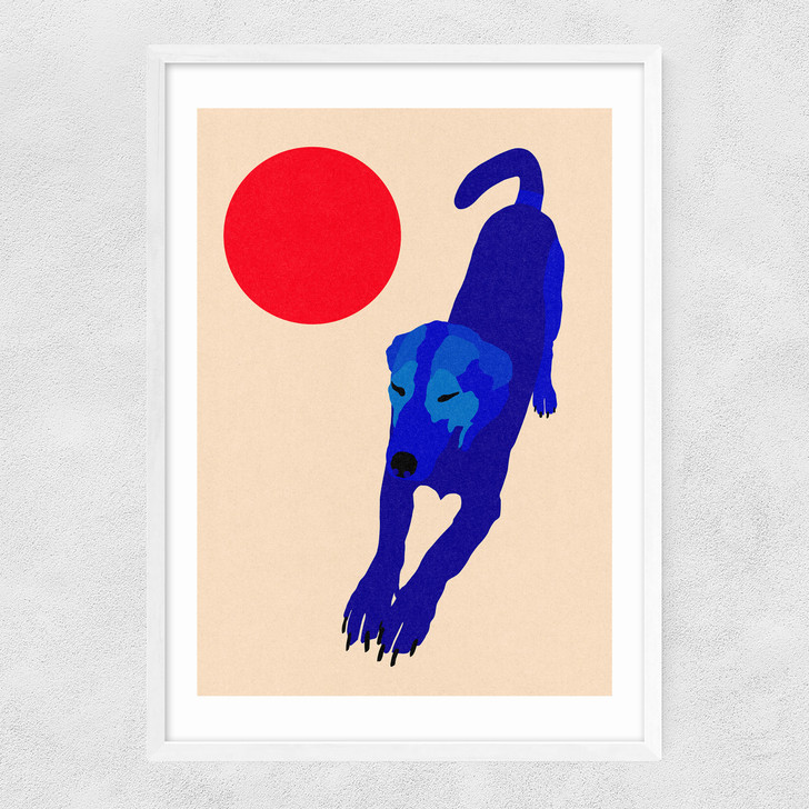 Blue Dog Red Moon Narrow White Frame
