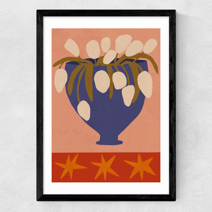 Blue Vase, White Flowers Medium Black Frame