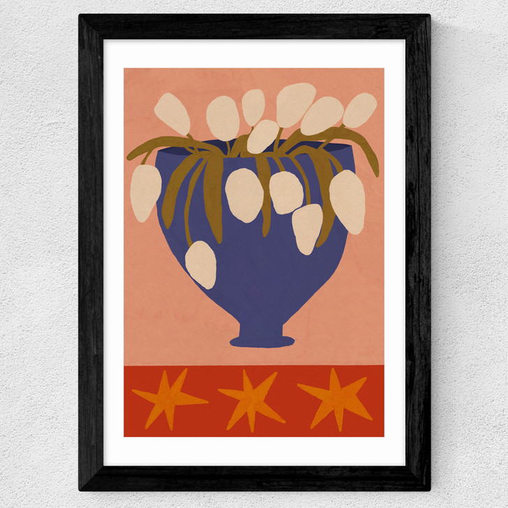 Blue Vase, White Flowers Wide Black Frame