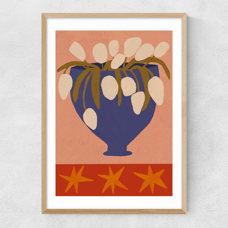 Blue Vase, White Flowers Narrow Oak Frame