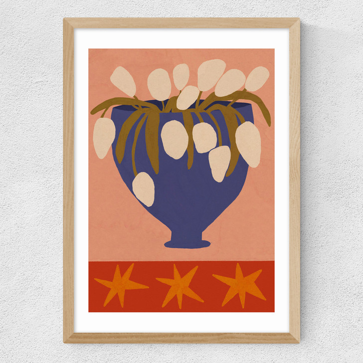 Blue Vase, White Flowers Medium Oak Frame