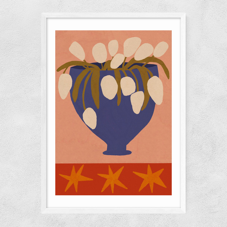 Blue Vase, White Flowers Narrow White Frame