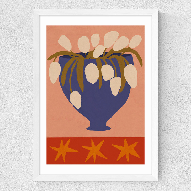 Blue Vase, White Flowers Medium White Frame