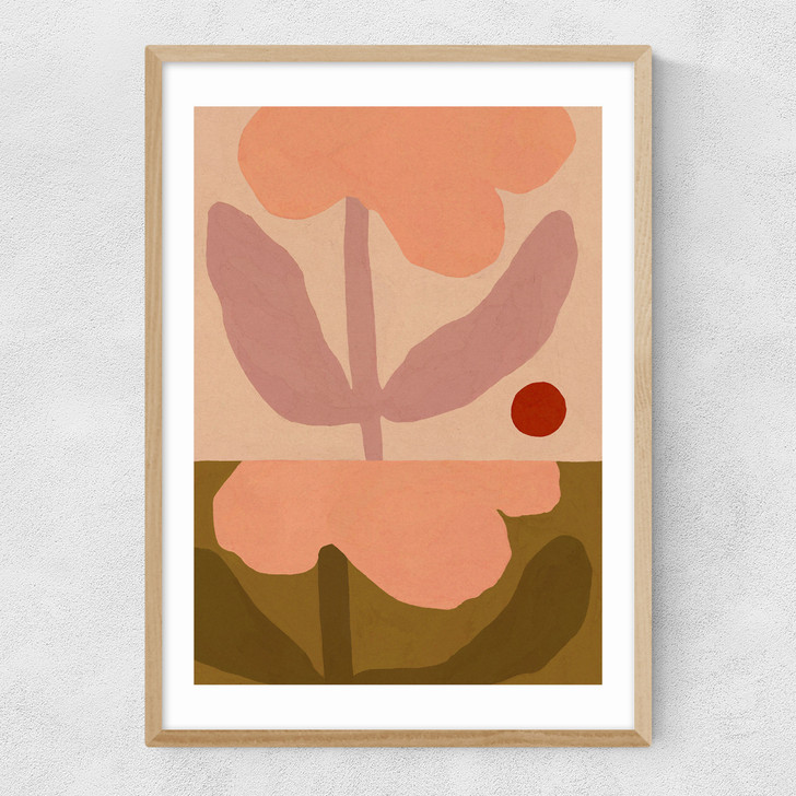 Two Pink Flowers Narrow Oak Frame
