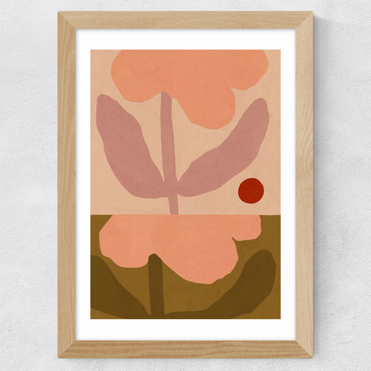 Two Pink Flowers Wide Oak Frame