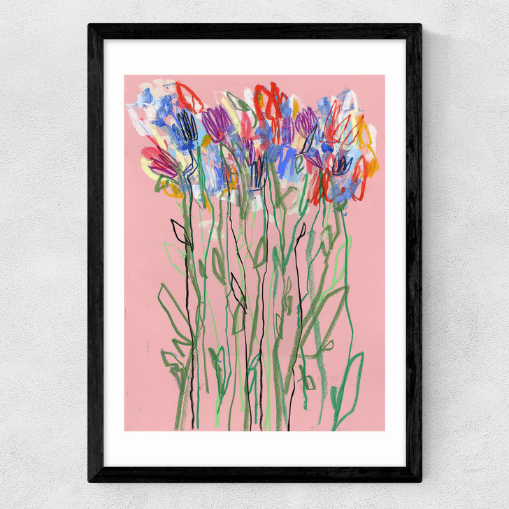 Pink Flowers Medium Black Frame