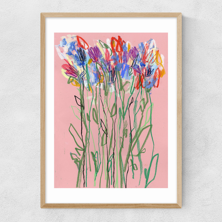 Pink Flowers Narrow Oak Frame